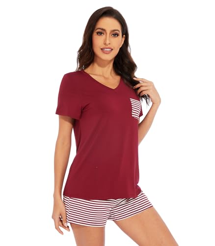 WiWi Womens Pajamas Set Bamboo Viscose Super Soft Short Sleeve Top Ruffle Shorts Sleepwear Cooling Pj Sets S-XXL