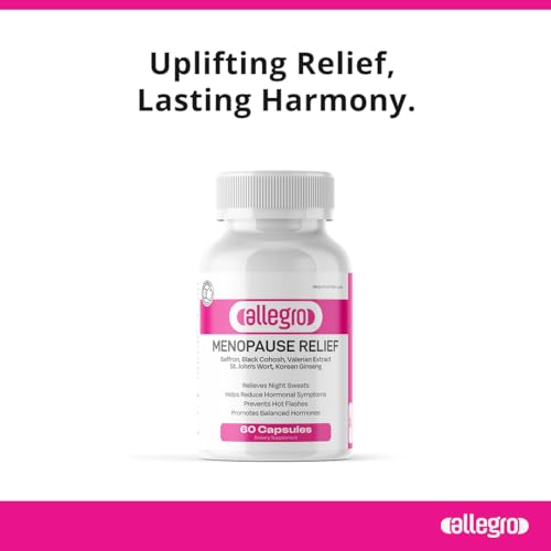 Allegro Menopause Supplement for Women – Hot Flash, Night Sweat & Mood Swing Relief – Black Cohosh, Valerian Root, Saffron, Korean Ginseng – Natural Hormone Balance, 60 Capsules
