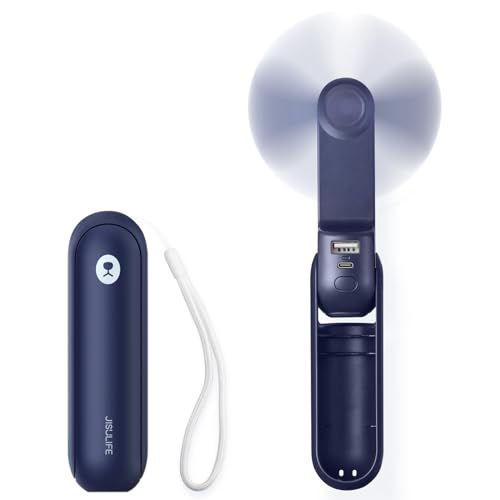 JISULIFE Portable Handheld Fan, 3 In 1-Fan, Power Bank, Flashlight, Blue | Mini Cooling Essential for Outdoor, Small, On-the-Go Pocket Hand Design, 19 Hours, Auto Shut-Off Safety Soft Blade