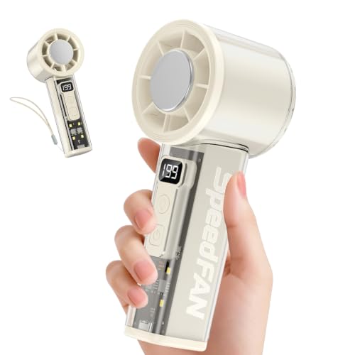 Portable Handheld Turbo Fan, 5-Speed Adjustable USB-C Rechargeable with LED Digital Display & 4-Mode Flashlight, Lightweight Personal Fan for Travel/Camping/Indoor Use, White