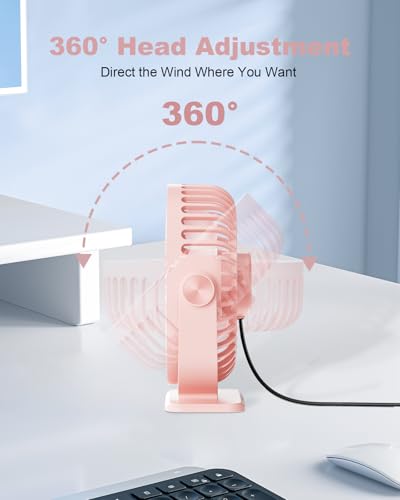 TriPole USB Desk Fan Small Portable, 360° Rotation Quiet Mini Personal Fan | Pink, 3 Speeds Plug In USB Fan, Desk Fans Small Quiet, 4.9ft Cable, Strong Breeze for Desktop Bedroom Office Table Travel