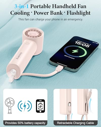 3 IN 1 Portable Fan with Power Bank & Flashlight-Pink | 6.5H Max Cooling,USB Rechargeable,Mini Fan for Outdoor/Travel/Beach/Concerts/Summer.Gifts for Girl,Women.
