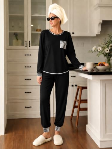 SWOMOG Women’s Pajamas Set Long Sleeve Sleepwear with Long Pants Soft Modal Loungewear Pj Set