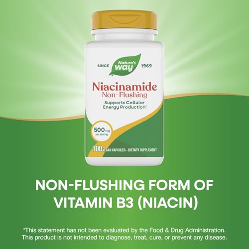 Nature's Way Niasinamid - Kızarıklığa Neden Olmayan B3 Vitamini İçeren Niasinamid Kapsülleri - Hücresel Enerjiyi Destekler* - Porsiyon Başına 500 mg - Glutensiz ve Vegan - 100 Adet (100 Porsiyon)