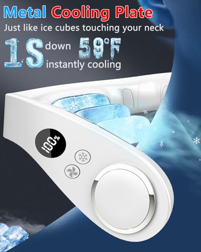 Neck Fan with Cooling Plate-24H Quiet Powerful Fans that Blow Cold Air-5 Speed&Power LED Display-USB 5500mAh Bladeless Wearable Personal AC Cooler for Women,Men,Kids,Travel,Outside,Indoor White