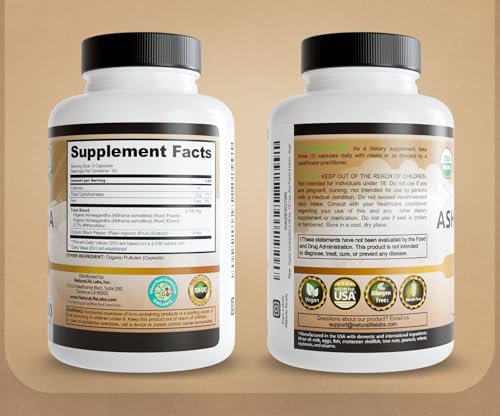 NaturaLife Labs Organic Ashwagandha 2100 mg per Serving – Full Spectrum Root Powder and Standardized Extract (Withanolides) – 100 Capsules – Vegan – Non-GMO, Gluten-Free