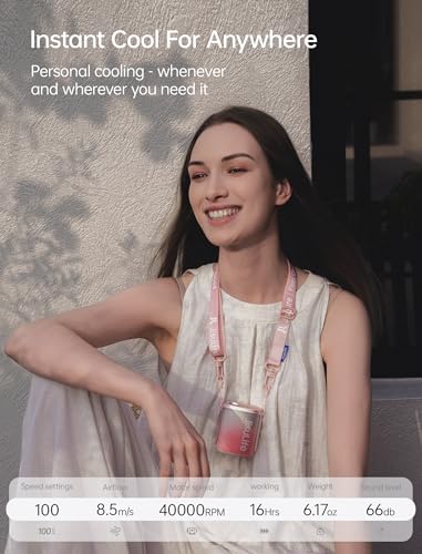 JISULIFE Portable Neck Fan 100 Speeds 40000RPM, Wearable Waist Clip on Fan | 16H Runtime, 4500mAh USB Rechargeable & LED, Personal Mini Cooling Fan, Gift for Women Outdoor/Travel/Camping/Vacation-Pink