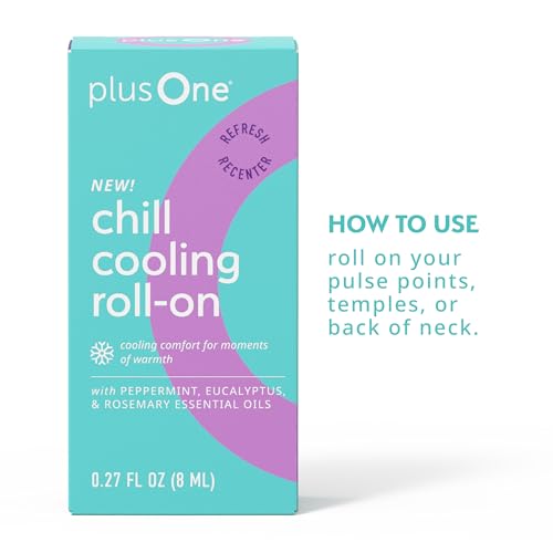 plusOne Chill Cooling Roll-On, Aromatherapy Oil Blend for Stress 0.27 fl oz | Instant Hot Flash Support with Peppermint, Menthol & Ashwagandha, Essential Oil Blend for Stress & Cooling Refreshment