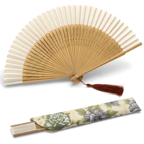 Lysa Hand Fan for Women Foldable - Portable Folding Japanese Chinese Fan - for Hot Flashes, Summer Cooling, Festivals, Church, Dancing (Bamboo White)