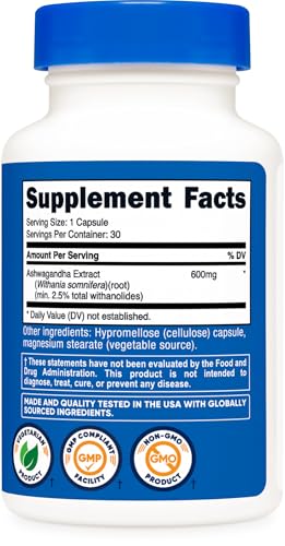 Nutricost Ashwagandha Root Extract Herbal Supplement 600mg, 30 Capsules - Vegetarian, GMO-Free, Gluten Free
