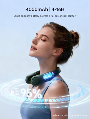 JISULIFE Portable Neck Fan, Hands Free Bladeless Fan, 5 Speeds, 4000 mAh | Battery Operated Wearable Personal Fan, Twistable, Rechargeable Travel Essentials, Gifts for Women Men-Dark Green