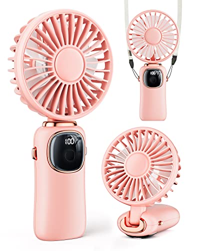 coldSky Portable Handheld Fan, 4000mAh Battery Operated with LED Display, Handheld/Neck/Desk 3 in 1 Personal Small Fan, 90° Foldable Desk Fan with Base, 5 Speed Lash Makeup Fan for Women