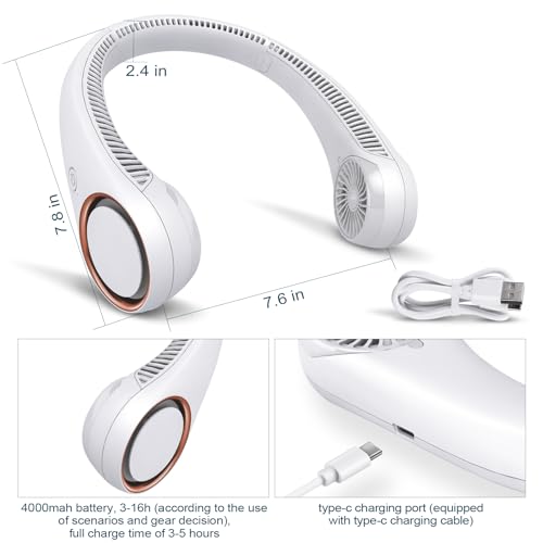 CIVPOWER Neck Fan: Portable Personal Neck Cooling Rechargeable Bladeless Fan - Hands Free 3 Speed 4000 mAh Battery USB Operated Wearable Headphone Design - Gift for Men Women Outdoor (White)