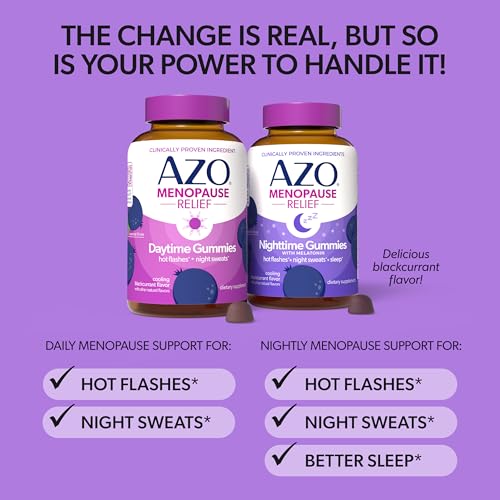 AZO Menopause Relief Daytime & Nighttime Gummy Bundle 120 Count | Estrogen-Free Formula, Clinically Studied Genistein Includes Melatonin for Sleep*, Perimenopause Support, Blackcurrant Flavor