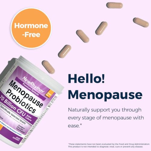 NewRhythm Menopause Probiotics for Women, 7-in-1 Relief, Prebiotics, Black Cohosh Trans-Resveratrol Chasteberry Red Clover Dong Quai, Hot Flashes Night Sweats, No Soy, No Estrogen, 30 Ct