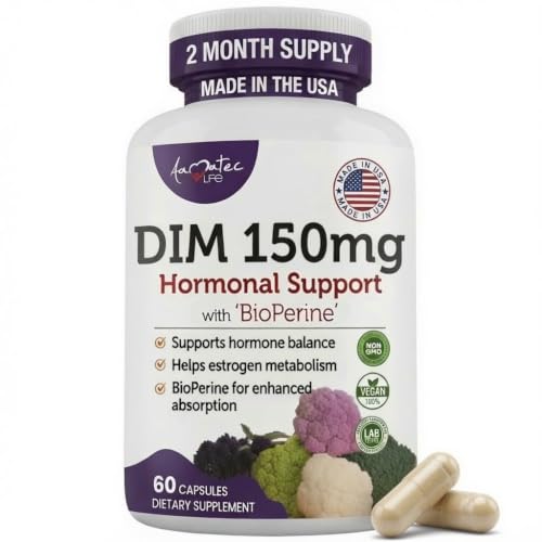 Women’s DIM Complex 150mg - Bioperine Estrogen Balancing Pills for Menopause & Hot Flashes Relief Support Hormonal Acne Powerful Supplement - 60 Capsules - Made in USA