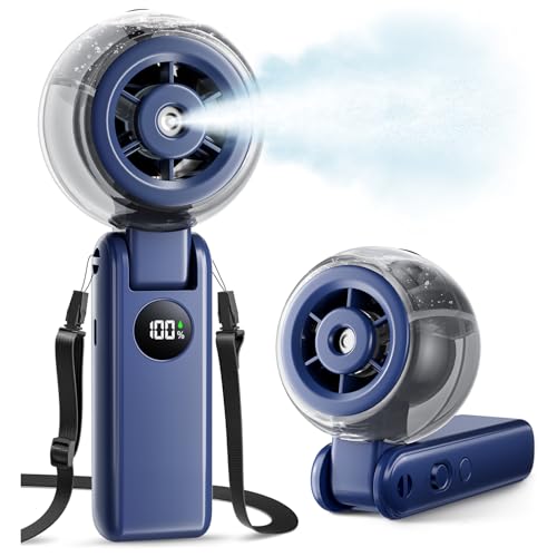 Portable Handheld Misting Fan, 4000mAh Rechargeable 3-in-1 Foldable Cooling Turbo Fan, 1-100 Stepless Speed with Water Spray & LED Display, Desk & Neck Personal Fan for Travel Beach Outdoor (Blue)