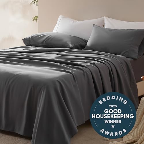 SLEEP ZONE Nanotex Süper Yumuşak Serinletici Kraliçe Boy Yatak Çarşaf Seti 4 Parça - Kolay Bakım Lastikli Çarşaf ve Yastık Kılıfı Seti - Kırışmaz, Solmaya Dayanıklı, Derin Cepli 40 cm (Gri, Kraliçe Boy)