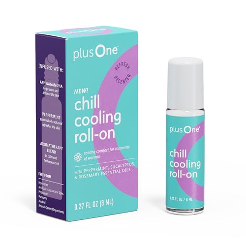 plusOne Chill Cooling Roll-On, Aromatherapy Oil Blend for Stress 0.27 fl oz | Instant Hot Flash Support with Peppermint, Menthol & Ashwagandha, Essential Oil Blend for Stress & Cooling Refreshment