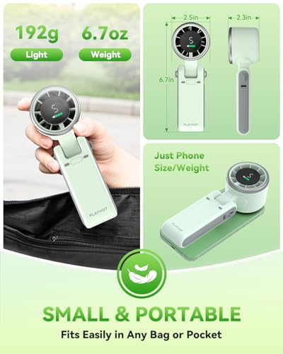 PlayHot Portable Handheld Turbo Fan, Travel Essentials, Gifts for Women/Men | 5-Speed, Up to 12H, 10m/s Airflow, USB-C Rechargeable, LED Display, 3-in-1 Foldable Personal Fan for Cruise, Beach, Vacation