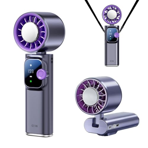 Portable Handheld Fan with Ice Cooling Personal Rechargeable Mini Neck Fan | 199-Speed 20000RPM 4000mAh Battery Powered up to 15hrs, LED Display Foldable & Hangable for Travel, Camping & Outdoor, Purple