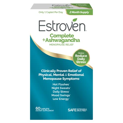 Estroven Complete + Ashwagandha Menopause Supplement for Women, 60 Count | Multi-Symptom Relief, Hot Flash & Night Sweats*, Perimenopause, Hormone-free, Drug-free Rhapontic Rhubarb, 1 Caplet Daily