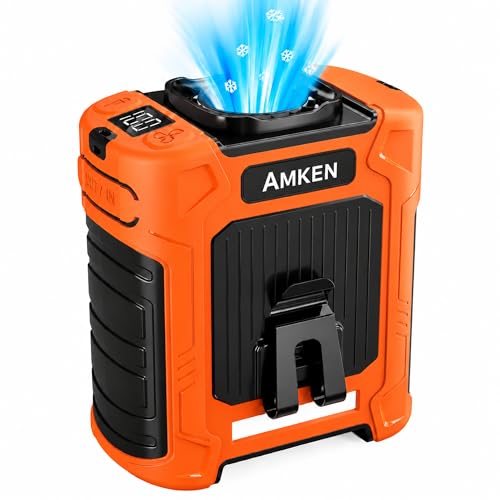 AMKEN Waist Fan, 10000mAh Rechargeable Belt Clip Fan, 59ft/s Airflow, 6-Speed 18500RPM Wearable Cooling with Bottom Air Intake, LED SOS Warning Light, Charge 2 Phones for Jobsite Camping