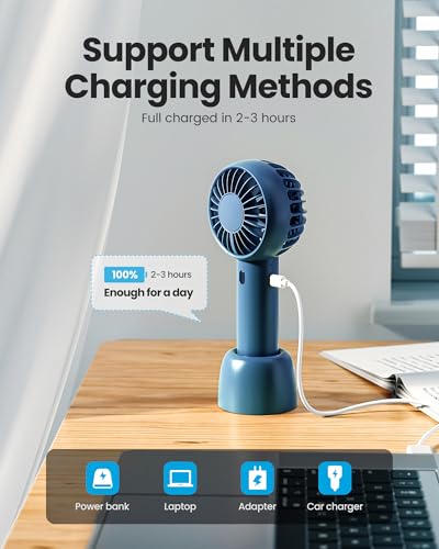 Gaiatop Mini Portable Fan, Navy Blue, Cute Design, Powerful Wind, Handheld and Desktop, Rechargeable Battery | Powerful 3 Speed with Desktop Base, Lightweight, Battery Powered for Travel Lash Makeup Girls Women Gift Navy Blue