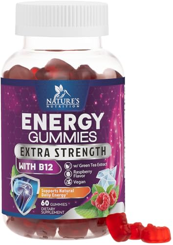 Energy Gummies - Vitamin B12 1000mcg - 3X Clean Energy & Focus Gummy with Natural Caffeine from Green Tea - Berry Flavored Pre Workout Exercise Supplement for Running Cycling & Sports - 60 Gummies