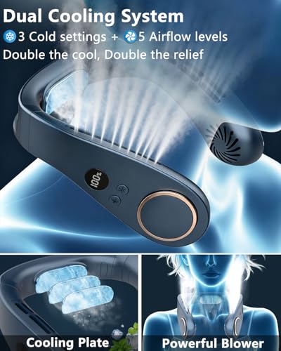 Neck Fan with Cooling Plate,5500mAh Rechargeable, Ultra Quiet Operation, 5 Speeds & 3 Cooling Modes, USB-C Fast Charging, LED Display Battery & Gear, Bladeless Fans that Blow Cold Air for Travel Blue