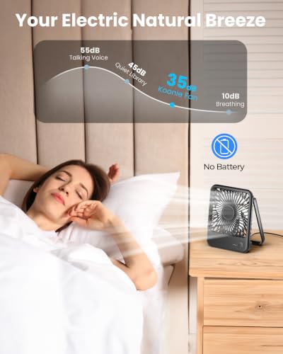 Koonie USB Desk Fan, Strong Wind Ultra Quiet Small Mini Fan | 180° Tilt Folding & 3 Speeds Adjustable, USB-C Corded Powered Personal Fan for Office Desktop Bedroom, Black, NO BATTERY