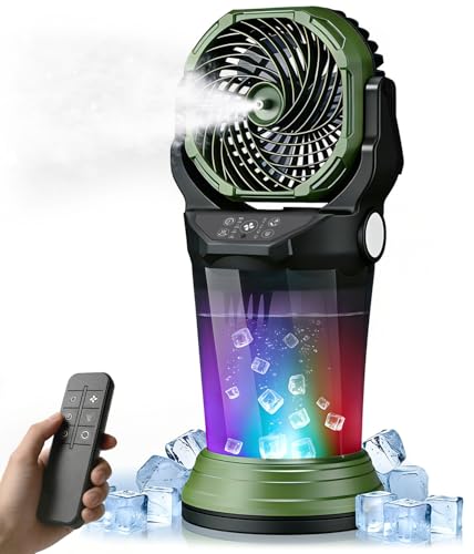 Portable Misting Fan with Remote, 2L Water Tank & 2 Spray Modes, 30000mAh Rechargeable Outdoor Cooling Fan, 4 Wind Speeds, 3 Timers, 120° Oscillation, RGB Lights & Flashlight for Camping Beach Patio