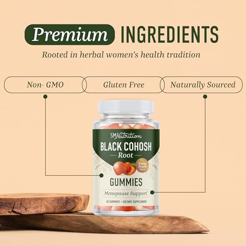 Black Cohosh Gummies, Menopause Relief, Hot Flashes & Night Sweats Support | 50mg Black Cohosh Root for Women, Gluten-Free, Vegetarian, Non-GMO, Hormone Balance Support, Tasty Peach Flavor, 60 Gummies