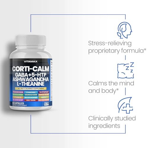 Corti-Calm Cortisol Supplement, L Theanine, Ashwagandha, Vitamin D 3, GABA for Relaxation, Fatigue & Focus with Ginkgo Biloba, Bacopa Monnieri, 5-HTP – Non-GMO, Made in USA – 60ct
