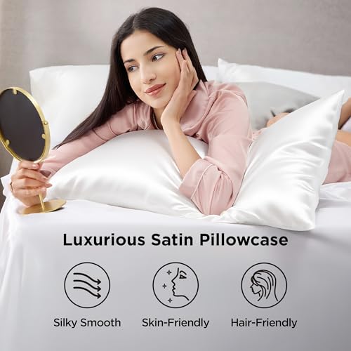 Bedsure Satin Pillowcases Queen Set of 2, Similar to Silk Pillow Case White