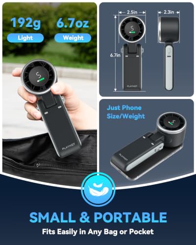 PlayHot Portable Handheld Turbo Fan, Travel Essentials, Gifts for Women/Men | 5-Speed, Up to 12H, 10m/s Airflow, USB-C Rechargeable, LED Display, 3-in-1 Foldable Personal Fan for Cruise, Beach, Vacation