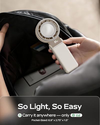 SHEWIND Portable Handheld Mini Fan -5 Speeds, 20H Max, LED Display - Cream | Foldable Mini Fan; Neck & Desktop Use; 4000mAh Rechargeable Battery; Travel Turbo Fan