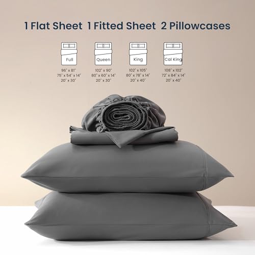 SLEEP ZONE Nanotex Süper Yumuşak Serinletici Kraliçe Boy Yatak Çarşaf Seti 4 Parça - Kolay Bakım Lastikli Çarşaf ve Yastık Kılıfı Seti - Kırışmaz, Solmaya Dayanıklı, Derin Cepli 40 cm (Gri, Kraliçe Boy)