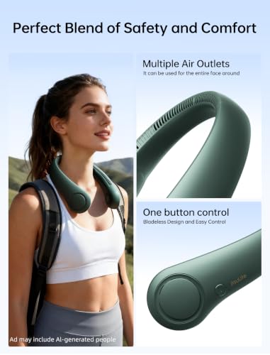 JISULIFE Portable Neck Fan, Hands Free Bladeless Fan, 5 Speeds, 4000 mAh | Battery Operated Wearable Personal Fan, Twistable, Rechargeable Travel Essentials, Gifts for Women Men-Dark Green