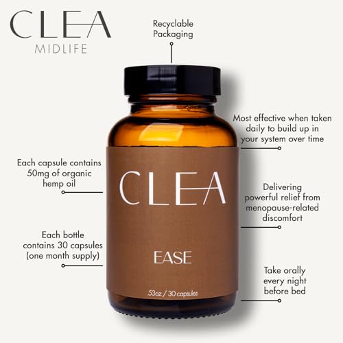 Ease – Menopause Support for Stress, Mood & Aches - Trusted by Dr Suzanne Gilberg MD - 50mg Premium Organic Hemp Oil - Feel Calm During Perimenopause & Menopause, Natural Cortisol Manager, 30 Capsules