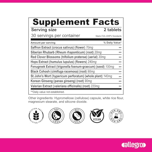 Allegro Menopause Supplement for Women – Hot Flash, Night Sweat & Mood Swing Relief – Black Cohosh, Valerian Root, Saffron, Korean Ginseng – Natural Hormone Balance, 60 Capsules