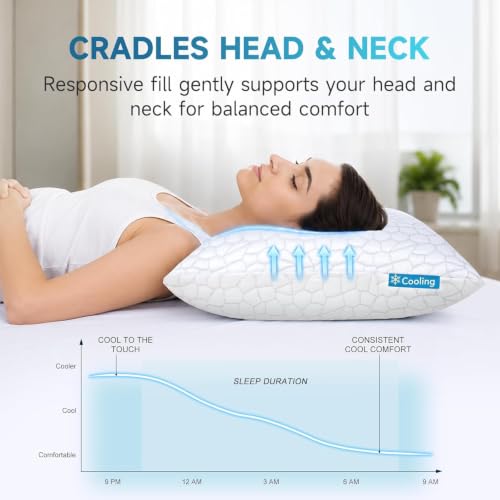 QUTOOL Cooling Pillow for Sleeping, CertiPUR-US Shredded Memory Foam Queen Pillows Set of 2, Cool Pillow for Hot Sleepers Adjustable Firm Pillow for Side, Back, Stomach Sleepers Soft Yet Support,White