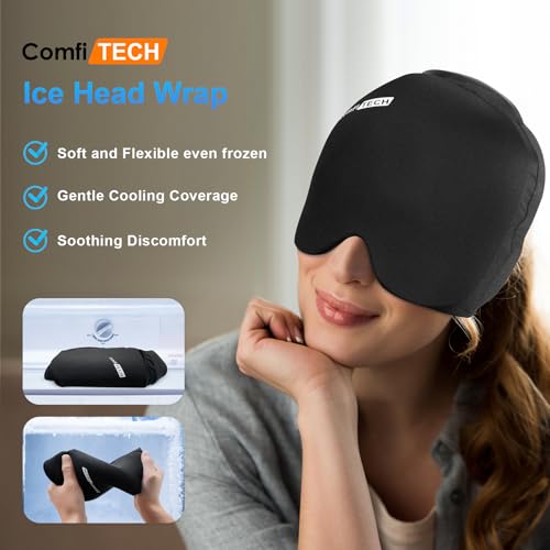 ComfiTECH Head Ice Pack Wrap with Top Coverage Cold Cap Cooling Gel Hat, Medium, Black | Pliable after Frozen, Cold Compress for Head, Sinus Tension and Puffy Eyes