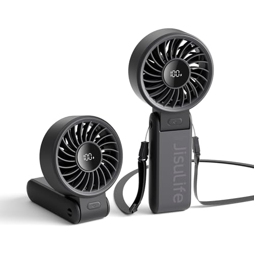JISULIFE Portable Handheld Fan Life7: 3-in-1 Hand, Desk & Neck Fan-Black | 19.5H Max Cooling, 5-Speed, LED Display, 5000mAh Rechargeable,USB Foldable Fan for Travel/Concerts/Cruise/Sports Events/Gifts