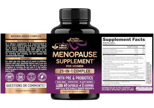 Menopause Supplements for Women - Black Cohosh, Pre & Probiotics - 60 Caps | Sweats & Hot Flashes Relief - Digestion, Sleep & Mood Support - 25in1 Complex - Dong Quai, Red Clover & Vitamins - Lab Tested