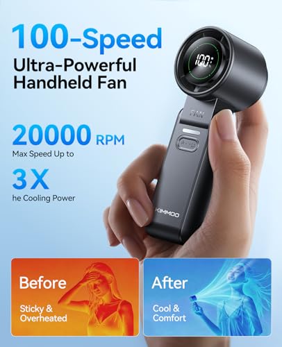 KIMMOO 3-in-1 Portable Handheld Turbo Fan-100 Speeds,Powerful 20000 RPM, 12Hrs Cooling, LED Display, 120° Rotation, USB Rechargeable Mini Hand Held Personal Fan for Travel Makeup Outdoor Indoor, Black