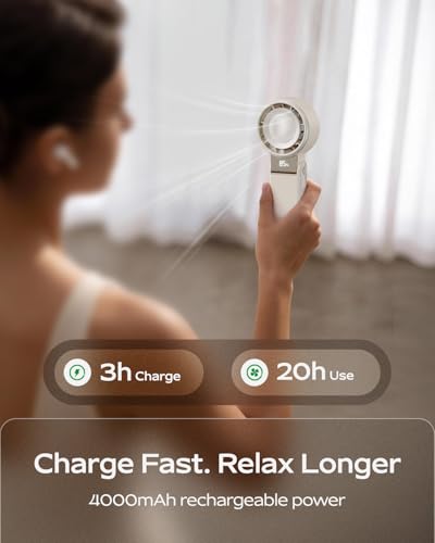 SHEWIND Portable Handheld Mini Fan -5 Speeds, 20H Max, LED Display - Cream | Foldable Mini Fan; Neck & Desktop Use; 4000mAh Rechargeable Battery; Travel Turbo Fan