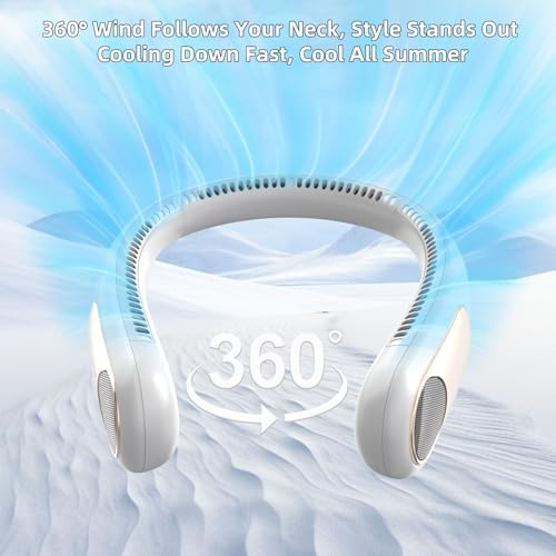 Portable Neck Fan, Personal Wearable Bladeless Fan for Outdoor Indoor, LED Display, 360° Cooling, 4-Speeds, 6000mAh USB Rechargeable, Birthday Gifts for Men Women Dad Mom (White)
