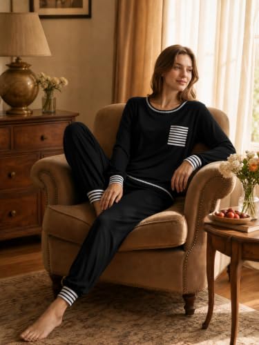 SWOMOG Women’s Pajamas Set Long Sleeve Sleepwear with Long Pants Soft Modal Loungewear Pj Set