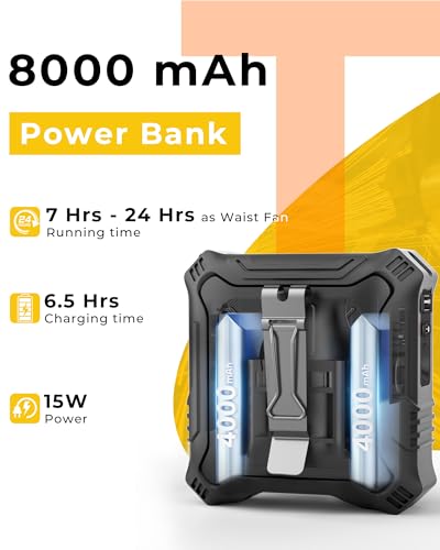 TUNISE Portable Fan with 5-Speed Settings, Dual-Sided Clip on Wearable Belt Waist Fan for 8000mAh, 2 Settings including Flashlight,Travel Essential for Outdoor Camping as Power Bank